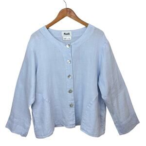 FLAX 100% Linen Light Blue Over Size Button Crew Neck Long Sleeve Pockets Sz L